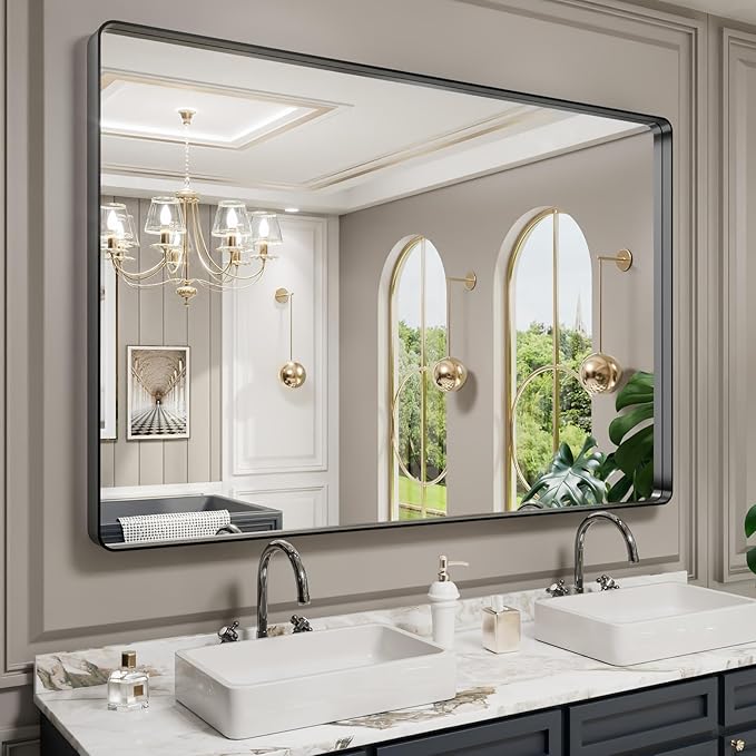 LOAAO 60X40 Inch Black Metal Framed Bathroom Mirror