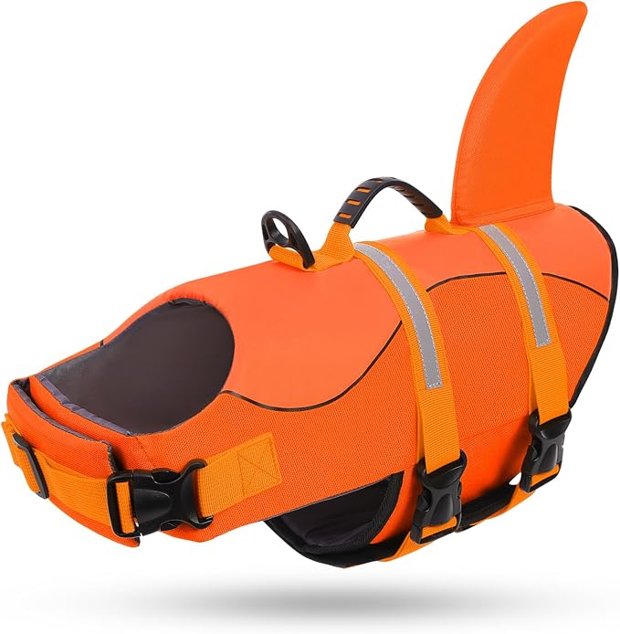 Dog Life Jacket, Dog Life Vest for Swimming, Medium Dogs Shark Swimming Safety Vest Adjustable Preserver with High Buoyancy, Pet Lifesaver for Medium Dogs, Orange M