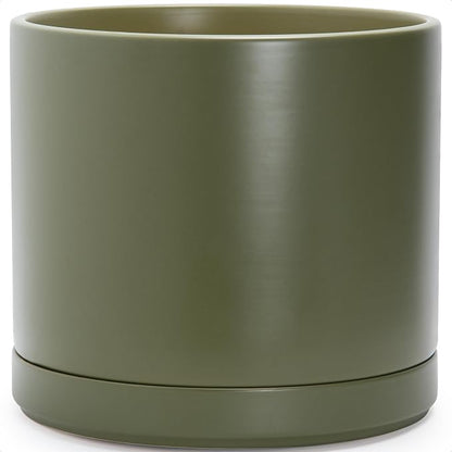 D'vine Dev 16 Inch Ceramic Planter Pot, Olive, 94-O-H-J | Modern Cylinder Design, Drainage Hole & Saucer Included, Stable Structure, Elegant Home Accent