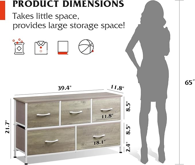 WLIVE Dresser for Bedroom with 5 Drawers, Wide Chest of Drawers, Fabric Dresser