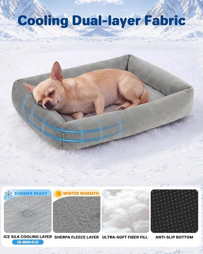 Cooling Dog Bed for Small Medium Cats - Removable Inner Cushion & Reversible Design (Ice‑Silk Cooling Layer | Sherpa Fleece Layer), Non‑Slip Bottom Washable Cooling Mat for Dogs Cats Crates 20" × 14"