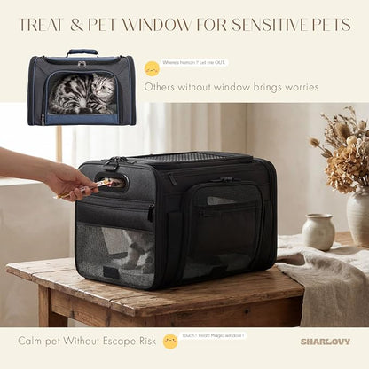 Top-Side Expandable Pet Carrier, Treat Window,18x13x9.5 Airline Approved | for Southwest Frontier,Soft-Sided Cat Carrier, Anti-Scratch Mesh, Lockable Zippers,Dog Carrier for Kitten,Rabbit,Puppy, Black