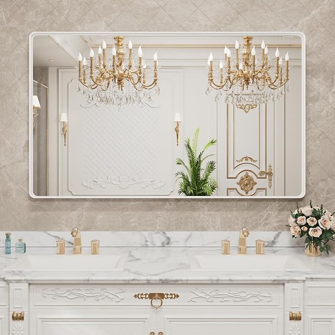 LOAAO 60x40 Inch White Metal Framed Bathroom Mirror