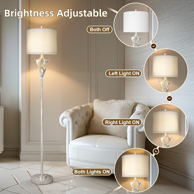 Scenekoy Sculptural 65.5” Floor Lamp for Living Room Bedroom, Silver Leaf Finish & Resin Body, Pull Chains Switch Standing Lamp, Brightness Adjustable Corner Lamp with Bulb Prefer for Home Office Bar