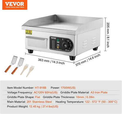 VEVOR Commercial Electric Griddle, 1700W Countertop Flat Top Grill, 14in
