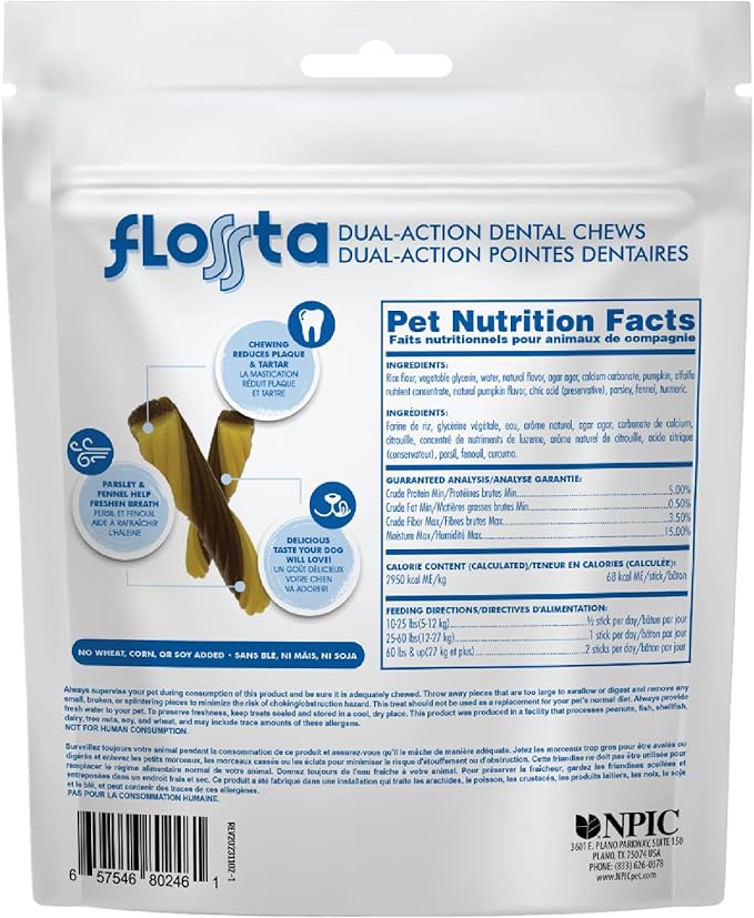 N-Bone Flossta Dual Action Dental Chews for Dogs, Unique Twist Shape for Deep Teeth Cleaning and Proactive Dental Care, Pumpkin Flavor, 15 Count 12-oz Bag