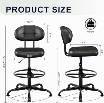 Misolant Armless Drafting Chair, Tall Office Chair no Wheels with Footrest Ring for Standing Desk, Small Faux Leather Executive Vanity Chair with Adjustable Height for Bar Counter Desk Black