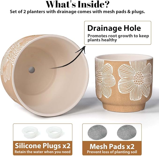 YBX 8 Inch + 6 Inch White Flower Pattern Plant Pots, Sand Glazed Ceramic Planter with Drainage Hole, Flower Pots for Indoor Plants, Tan & White