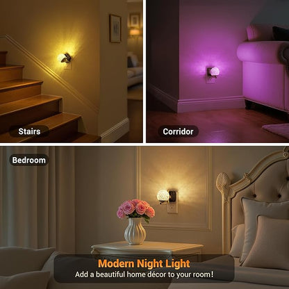 JandCase LED Night Light, 3000K Warm White & RGB Color Changing Night Lights Plug into Wall, Dusk to Dawn Light Sensor, 180° Rotatable Plug in Nightlights for Bathroom, Bedroom, Hallway 2 Pack