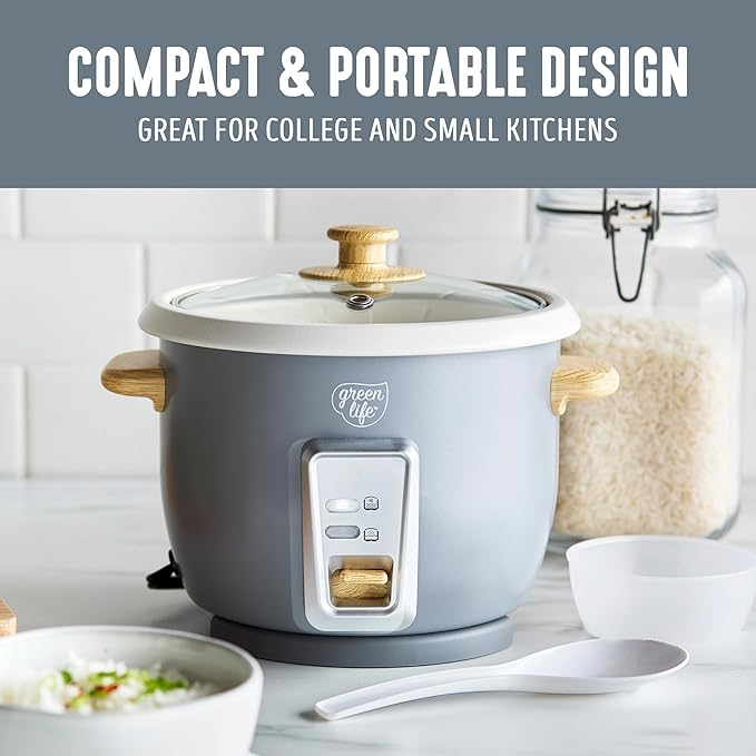 GreenLife Rice Cooker with Removable PFAS-Free Ceramic Nonstick Pot, 3-Cups