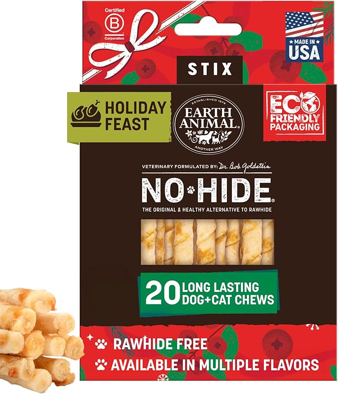 Earth Animal No Hide Stix - Long Lasting Rawhide Free Small Dog Chews Sticks, Holiday Feast - 20 Count Value Pack