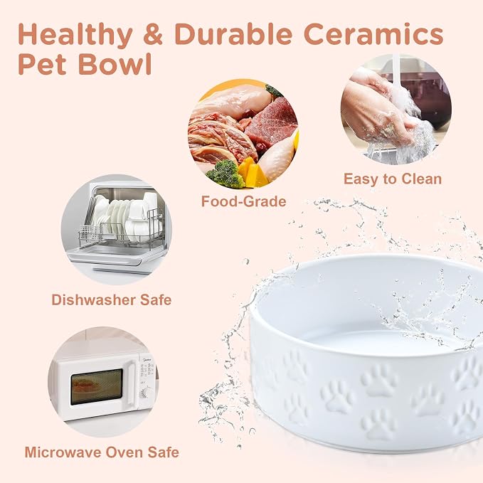 SPUNKYJUNKY Elevated Dog Bowls Ceramic, 6.1'' Dogs and Cat Food Water Bowls Raised with Non-Slip Bamboo Stand for Medium Sized Breed Microwave Dishwasher Safe - 28.7 OZ,Paw White