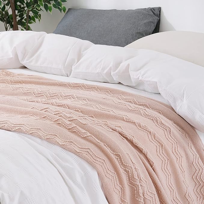BOURINA Pink Throw Blanket 50 x90 Inches Throw Textured Solid Soft Sofa Throw Bed Runner Couch Cover Knitted Decorative Blanket Bed Runner