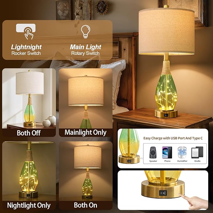 OYEARS 23" Table Lamps Set of 2,Farmhouse Lamps with Glass Nightlight, Bedside Lamps for Living Room, Rattan Lamps for Bedroom Nightstands, Two Light Points