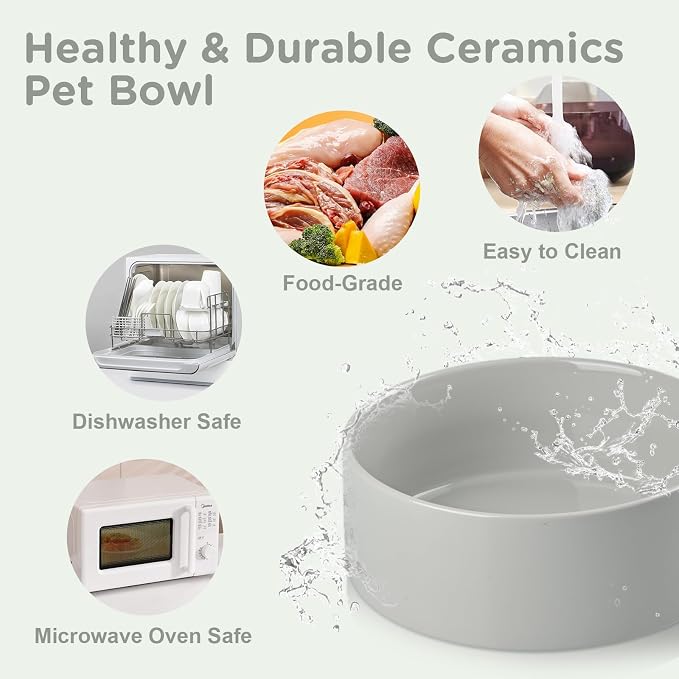 SPUNKYJUNKY Elevated Dog Bowls Ceramic, 5.1'' Dogs and Cat Food Water Bowls Raised with Non-Slip Bamboo Stand for Puppy Small Sized Breed Microwave Dishwasher Safe - 13.5 OZ,Grey