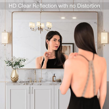 LOAAO 48”X32” Gold Bathroom Mirror, Rounded Rectangle Gold Frame Mirror