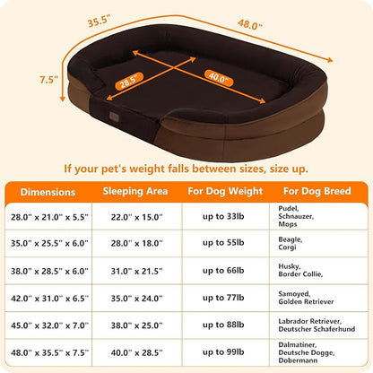 Dwanton Orthopedic Dog Bed for Extra Extra Large Dogs with Gel Memory Foam, Waterproof Dog Sofa, Washable Pet Bed with Four Sided Bolster Cushion, Removable Cover & Non-Slip Bottom, 48", Brown