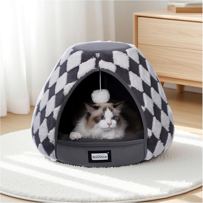 BALANCE Cat Beds for Indoor Cats, 2-in-1 Cat Bed Cave with Anti-Slip Bottom and Ultra-Soft Plush, Cozy Cats House Tent for Kittens and Small Dogs, 19 Inches, Dark Grey