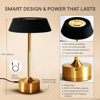 LED Cordless Table Lamp - Rechargeable Light for Home, Bedside, Kitchen - Small Dimmable Tap Lights - Battery Powered Touch Lamp for Desk Wireless - Black and Gold Lamp Shades, IP44, USB Type C Cable