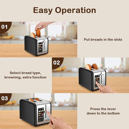Mecity 2 Slice Touch Screen Toaster, 1.5" Wide Slot, Stainless Steel Smart
