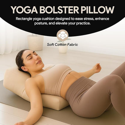 Rectangular Yoga Bolster Pillow for Meditation, Yoga & Back Support – Soft Meditation Cushion with Removable Hand Wash Cotton Cover & Carry Handle (beige)
