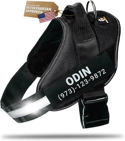 Personalized Dog Harness with Custom Name Patches, Adjustable Reflective No Choke Dog Vest with Handle for Extra Large Dog, Black, XL