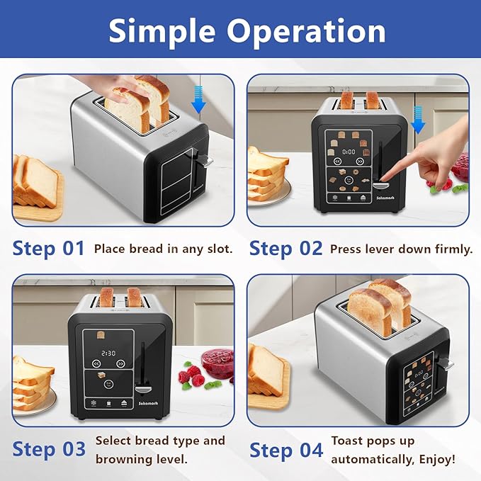 Touch Screen Toaster 2 Slice, Smart Digital Toasters, 6 Browning Levels & 6