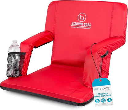 Stadium Boss Recliner Stadium Seat for Bleachers, Benches, Lawns, Backyard, Camping & Beach – Padded Sport Chair, Cushion Backs & Armrest – 6 Reclining Positions – Portable Carry Straps – Red