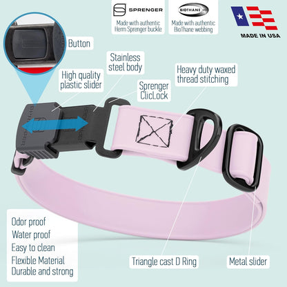 Dogline Biothane Waterproof Dog Collar with Herm Sprenger Stainless Steel Quick Release Buckle – Heavy Duty Tactical Durable Collar for Dogs – Comfortable and Safe Pet Collar, W 3/4" L 12-19", Pastel