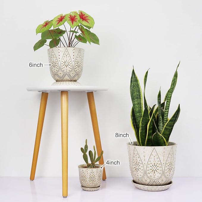 Gepege 8 Inch Plant Pot, Creamy White Ceramic Planter with Drainage Holes and Saucers for Plants Indoor and Outdoor Flower Pot