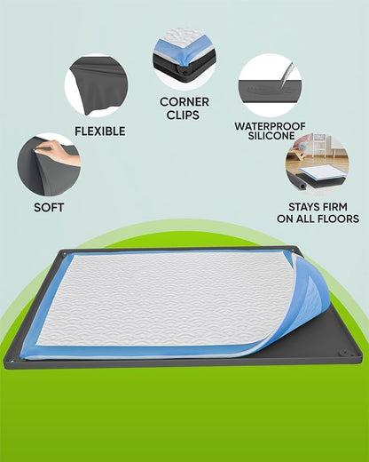 Dog Pee Pad Holder Tray Fits for 11.5” x 17” Pee Pads - 1 Pack - Grey | Corner Lock Holes, Raised Edges, Non-Spill, Easy to Clean Silicone Dog Potty Tray Holder, For Indoor Floor Protection