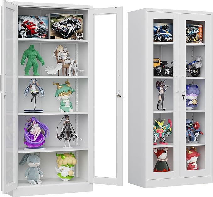 Metal Storage Cabinet with Lock and Glass Doors, Locking Curio Cabinets with 5