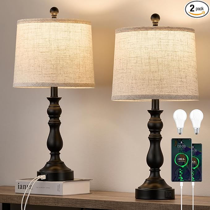 23'' Farmhouse Table Lamps for Living Room Set of 2 with USB C+A Ports, Retro Bedside Lamp for Bedroom, Office, Dining Room, Knob Switch, 3 Color Temperatures, Bulb Included, Black