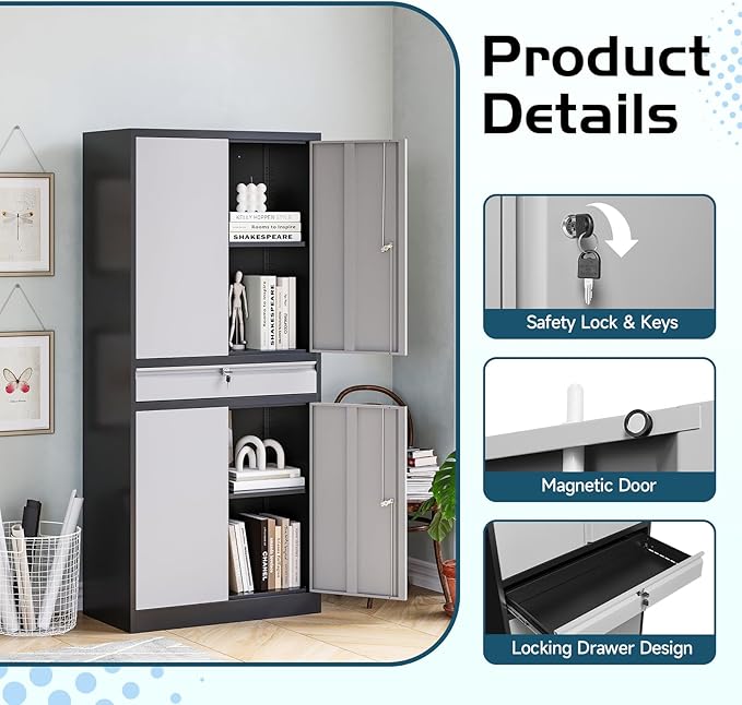 MIIIKO Storage Cabinet with 4 Doors, Metal Garage Cabinet with Drawer and