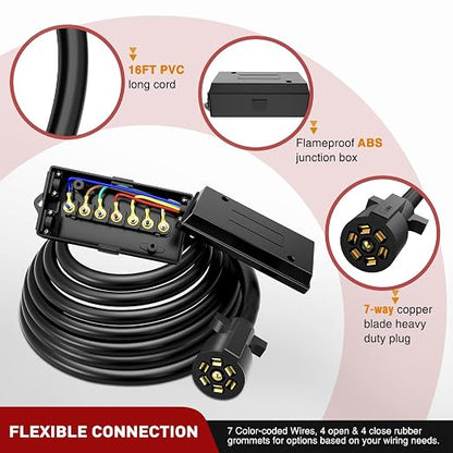 Nilight Heavy Duty 7 Way Inline Trailer Plug with 7 Gang Junction Box | Weatherproof 16 Feet Connector Cable Wiring Extension Harness Suitable for RV Automotives Cars