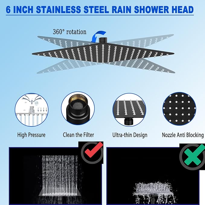 6'' Square High Pressure Rain Black Shower Heads