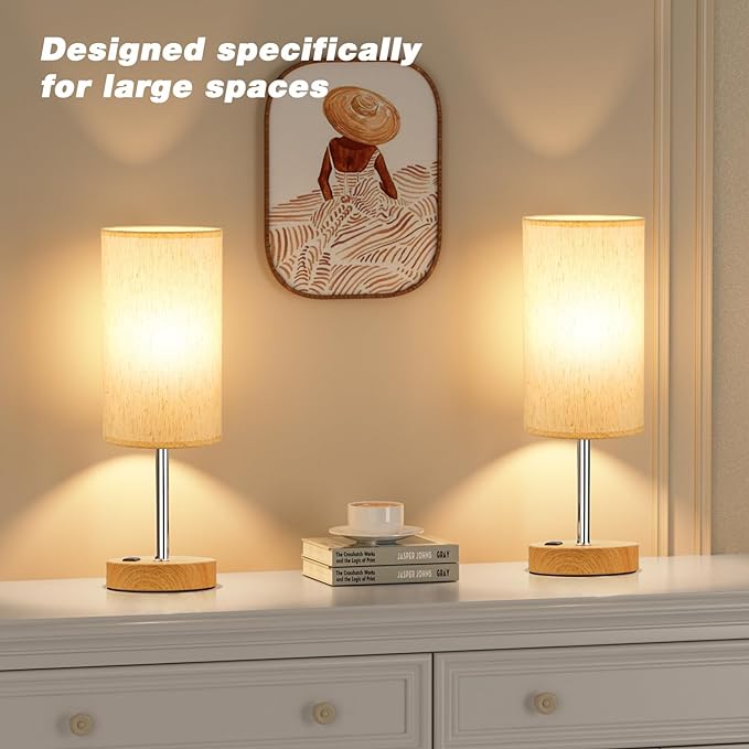 Fenmzee Touch Table Lamp - Cream, 3-Way Dimmable, USB A + C Charging, AC Outlet, 17.4inch Medium, Wood Grain Base