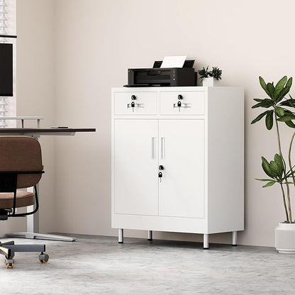 Metal Storage Cabinet with Locking Doors and 2 Drawers, Lockable Storage