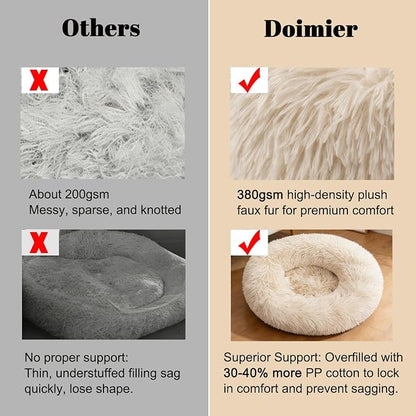 Calming Donut Dog Beds Large Sized Dog - Washable Removable Cover Non-Slip, Round Pet Bed Warming Fluffy Plush Faux Fur Anti-Anxiety Thick Cushion, Fits up to 80 lbs (Beige, 36")
