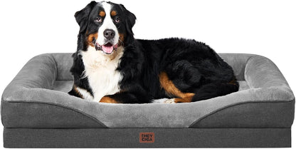 EHEYCIGA Memory Foam XXL Dog Bed for XLarge Sized, Extra Large Orthopedic Dog Sofa with Sides and Waterproof Liner, Washable Bolster Pet Couch with Removable Cover, 52x41x8 Inch, Grey