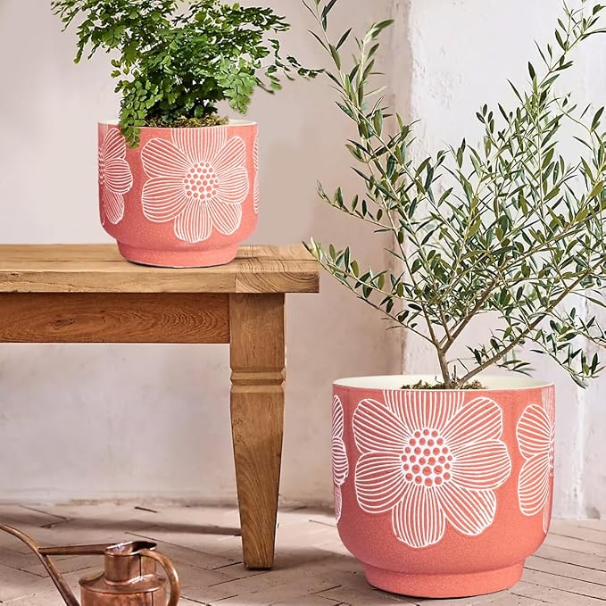 YBX 8 Inch + 6 Inch White Flower Pattern Plant Pots, Sand Glazed Ceramic Planter with Drainage Hole, Flower Pots for Indoor Plants, Red
