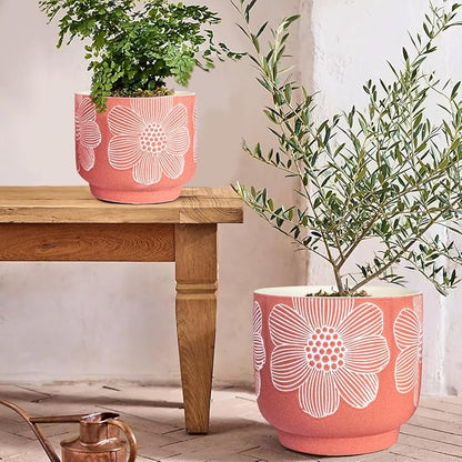 YBX 8 Inch + 6 Inch White Flower Pattern Plant Pots, Sand Glazed Ceramic Planter with Drainage Hole, Flower Pots for Indoor Plants, Red