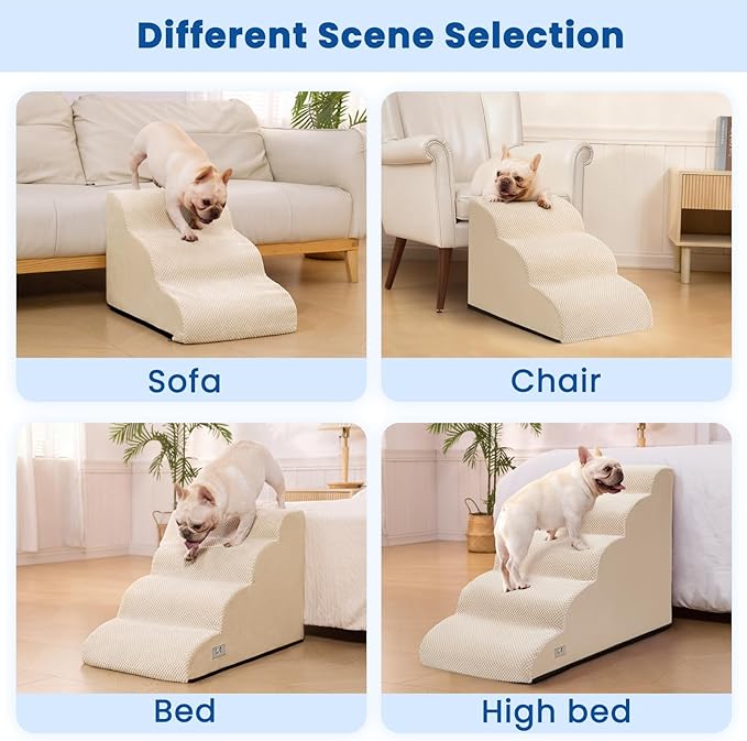 Dog Steps for Bed 17.7" H, 4-Step Pet Stairs Ramp for Small & Medium Dogs | Airpanda Dog Stairs with Washable Cover & High-Density Foam,Gentle Curved Design,Ideal for Senior & Short-Legged Dogs,Beige