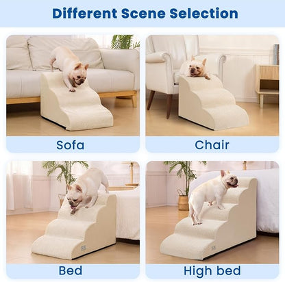 Dog Stairs for Small Dogs & Cats,3 Steps Non-Slip Pet Ramp for Couch,15.7"H | Airpanda Pet Stairs with Washable Cover & High-Density Foam,Gentle Curved Design,Ideal for Senior & Short-Legged Dogs,Beige