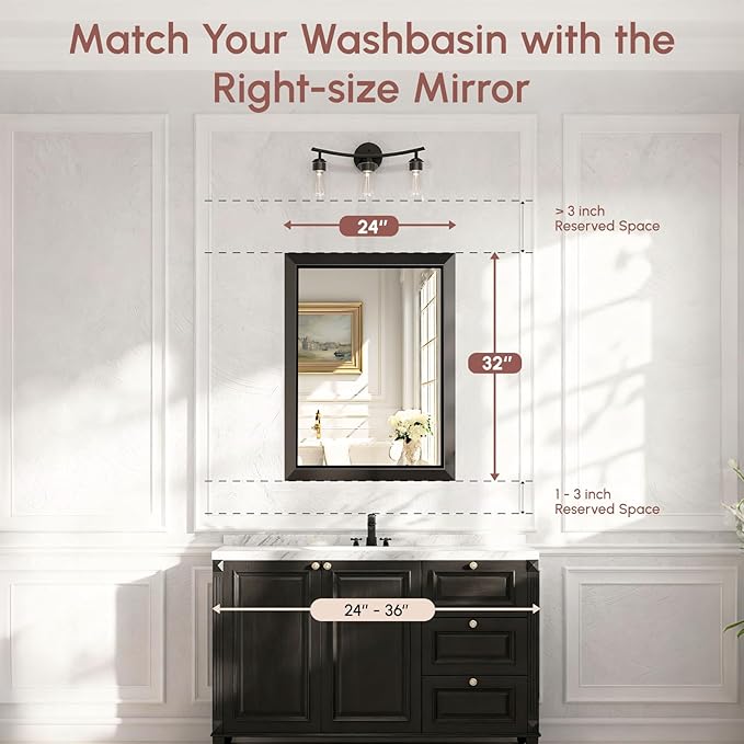 USHOWER 24x32 Bathroom Mirror, Beveled Aluminum Frame Wall Mirror, Rectangular
