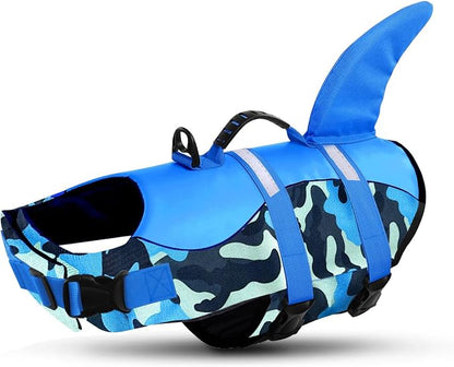 Dog Life Jacket Ripstop Dog Shark Safety Vest Adjustable Preserver with High Buoyancy and Durable Rescue Handle for Small,Medium,Large Dogs, Blue Camouflage Medium