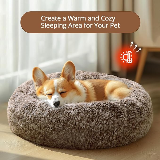 JOLLYVOGUE Calming Dog Bed for Small Dogs - 23 inches Donut Washable Small Dog Bed for Kittens & Puppies, Anti-Slip Round Fluffy Plush Faux Fur Cat Beds (Fits up to 25 lbs Pets, Smoke Brown)