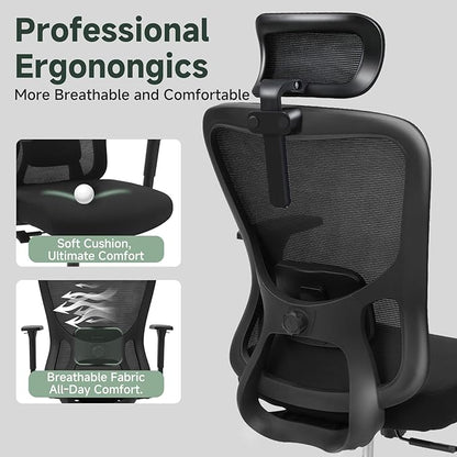 ZYFFHYLAI Ergonomic Office Chair - 350LB Mesh Office Chair with Adjustable Lumbar, High Back Computer Desk Chair with 3D Armrests, Comfy Chair with 2D Headrest & Tilt Function for Study, Work, Gaming