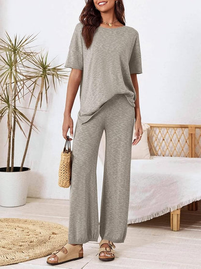 Tankaneo Women's 2 Piece Travel Outfits Casual Short Sleeve Knit Sweater Set Wide Leg Pants Lounge Sets Tracksuit