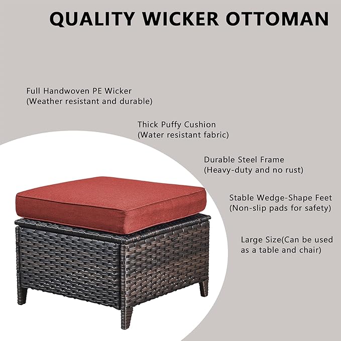 Rilyson Outdoor Patio Furniture Sofa Set - 6 Piece Rattan Wicker Patio Sectional Conversation Sets with 1 Sofa,1 Loveseat,2 Armrest Chairs and 2 Ottomans for Porch Deck Garden(Brown/Red)